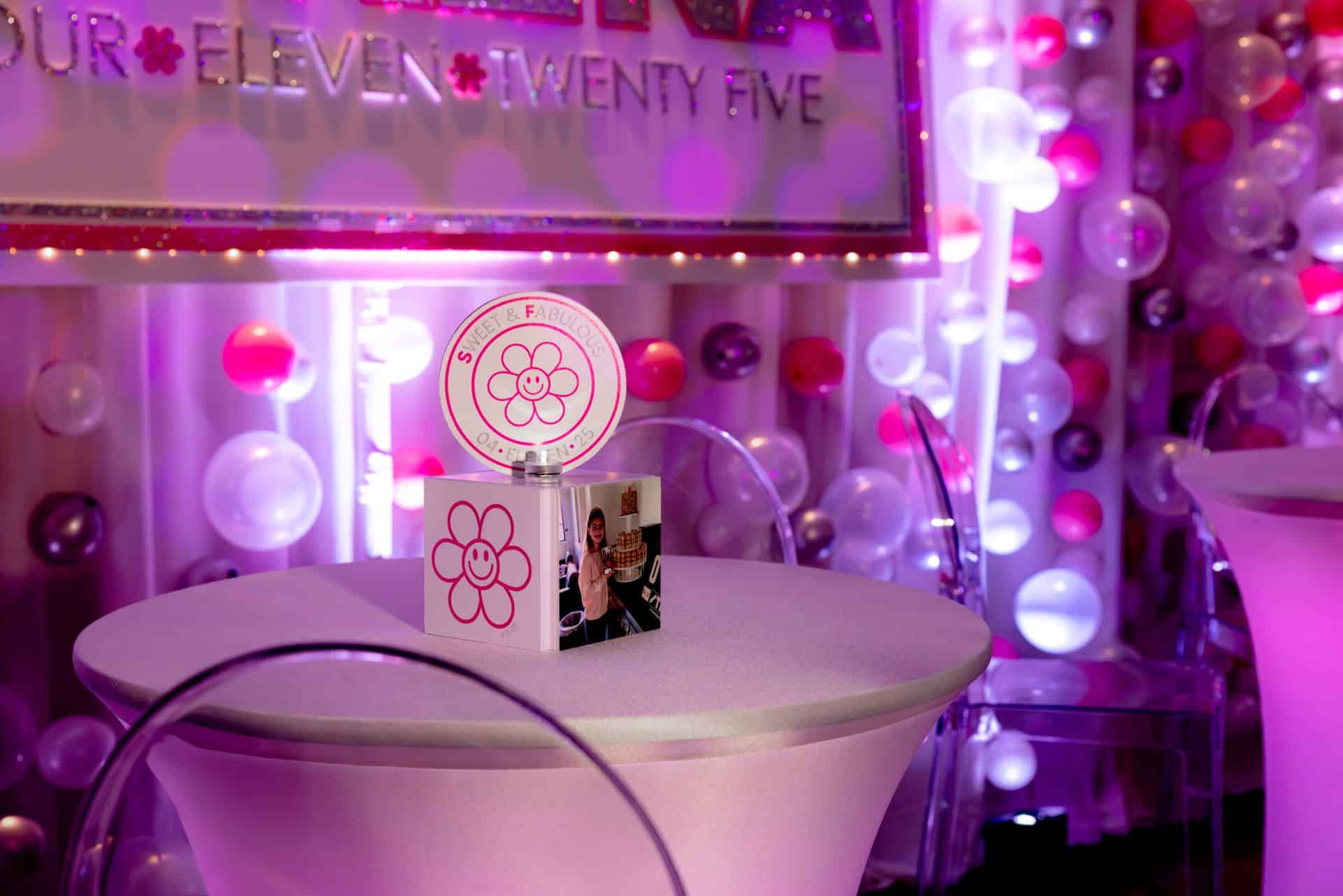 Mini Cube Flower Logo Centerpiece with Logo Topper and Photo Cube