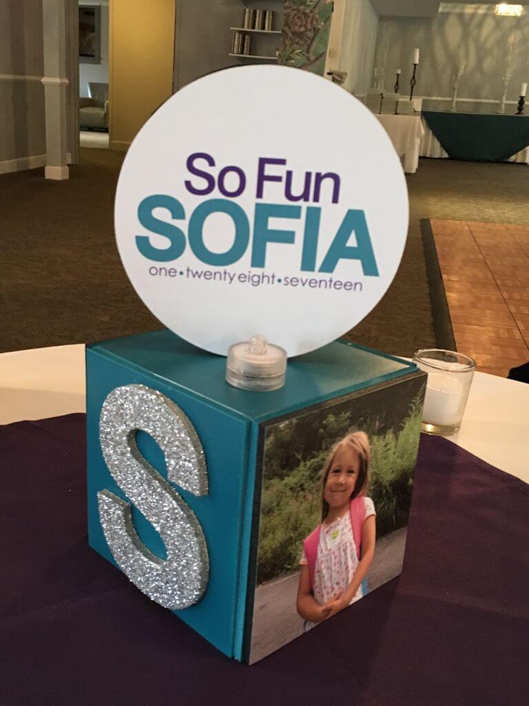 Mini Cube Centerpiece with Glittered Initial, Photos and Logo Topper