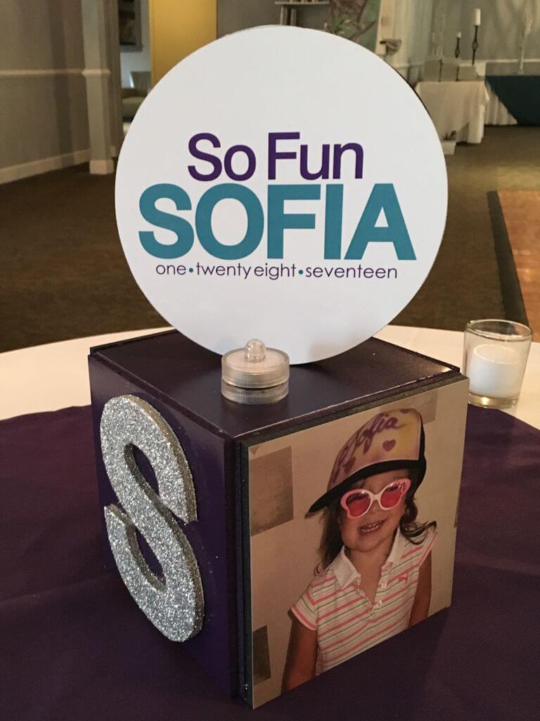 Mini Cube Centerpiece with Glittered Initial, Photos and Logo Topper