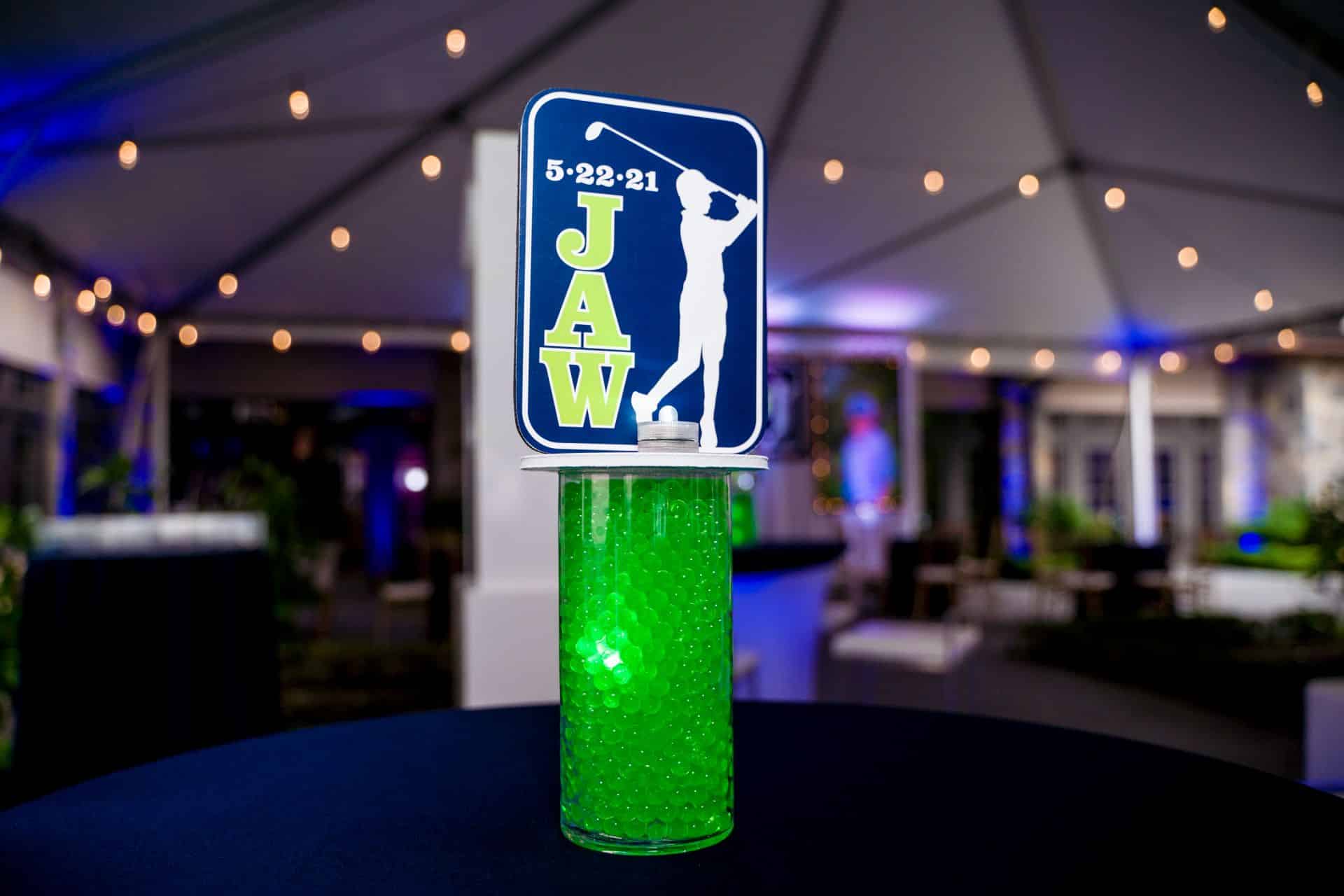 Beautiful Custom LED Lounge Centerpiece With Logo Topper and Aqua Gems for High Top