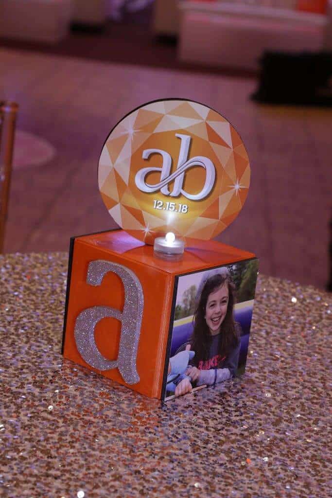 Bat Mitzvah Mini Cube Lounge Centerpiece with Glittered Initial and Photos
