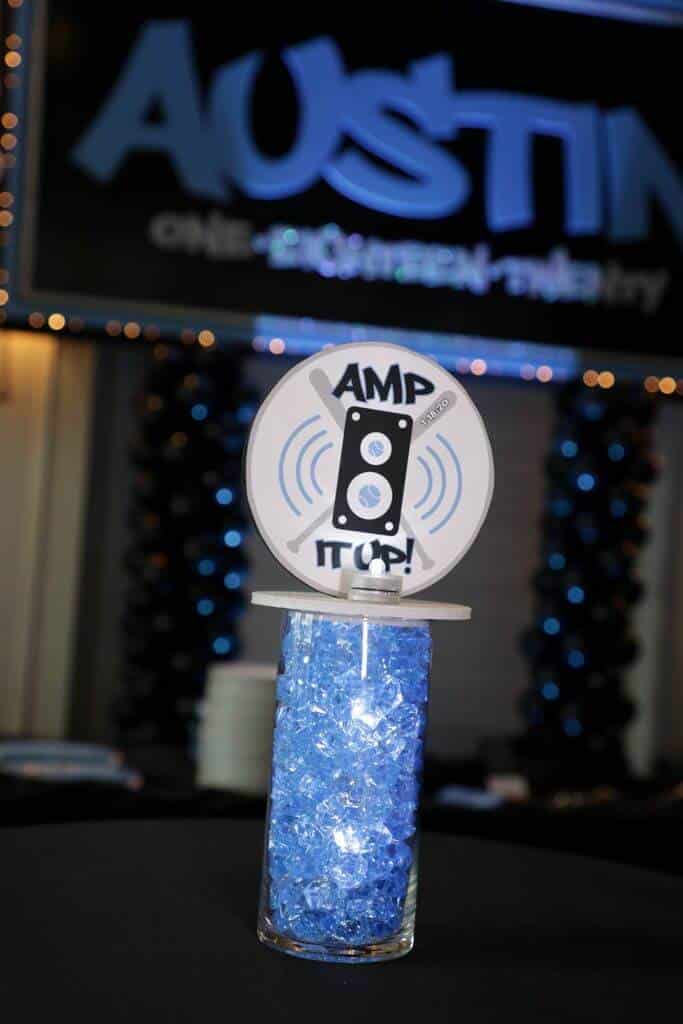 Bar Mitzvah Lounge Centerpiece with Custom Logo and Pale Blue Chips