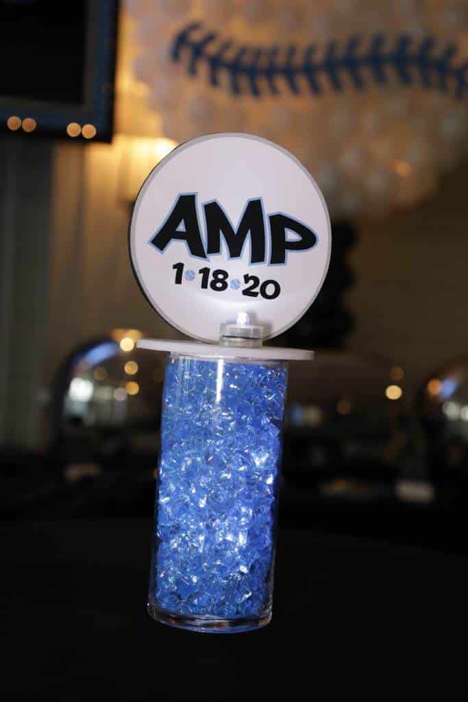 Bar Mitzvah Lounge Centerpiece with Custom Logo and Pale Blue Chips