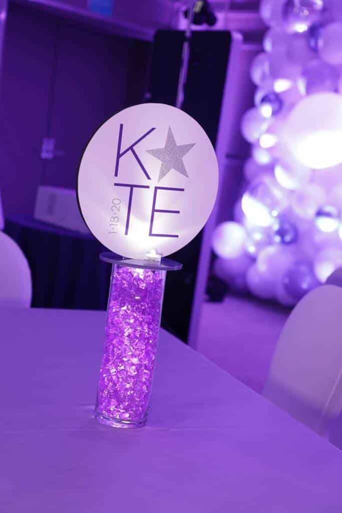 Bat Mitzvah Lounge Centerpiece with Custom Logo and Purple LED Chips