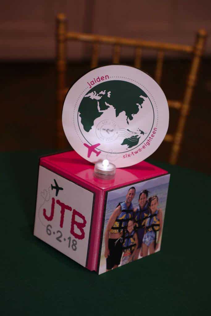 Travel Themed Mini Cube Lounge Centerpiece with Custom Logo
