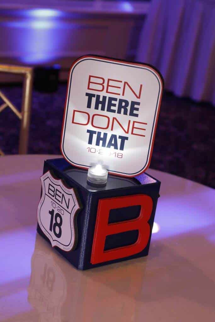 Travel Themed Lounge Centerpiece with Custom Logo and Initial