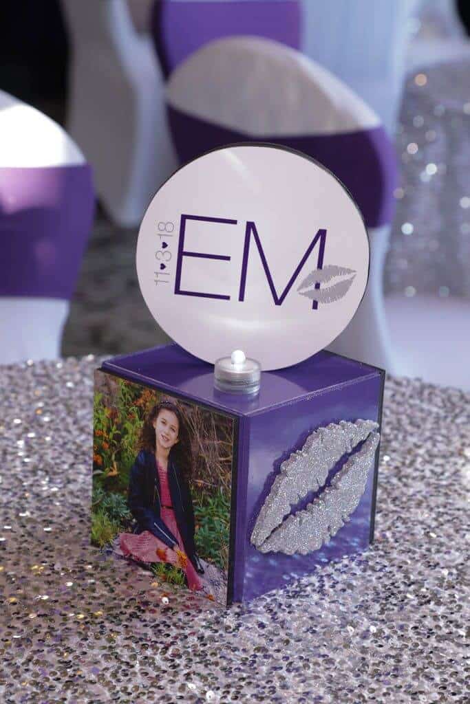 Bat Mitzvah Mini Cube Lounge Centerpiece with Glittered Lips and Photos