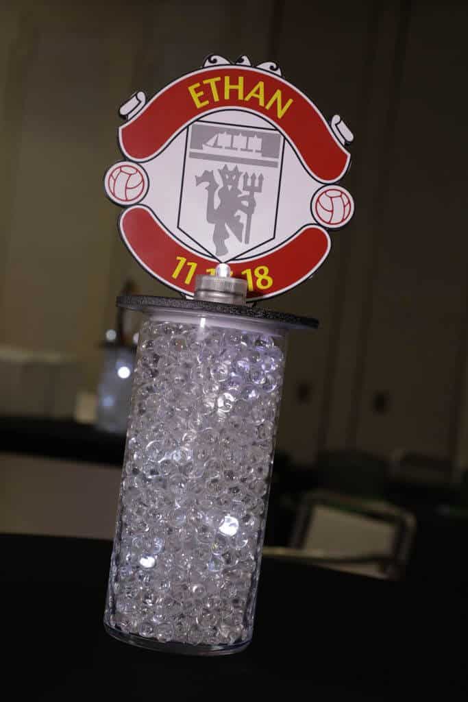 Soccer Themed Lounge Centerpiece with LED Vase and Logo Topper