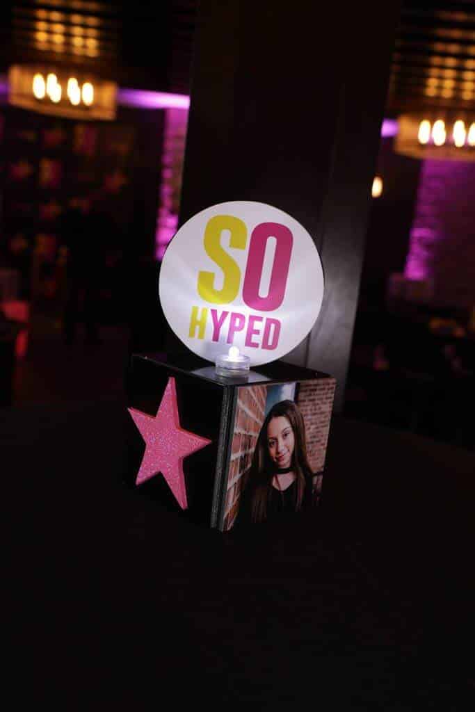 Neon Themed Mini Cube Centerpiece with Photos, Glittered Stars and Custom Logo