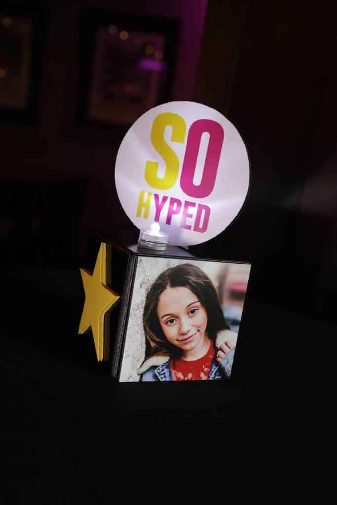 Neon Themed Mini Cube Centerpiece with Photos, Glittered Stars and Custom Logo