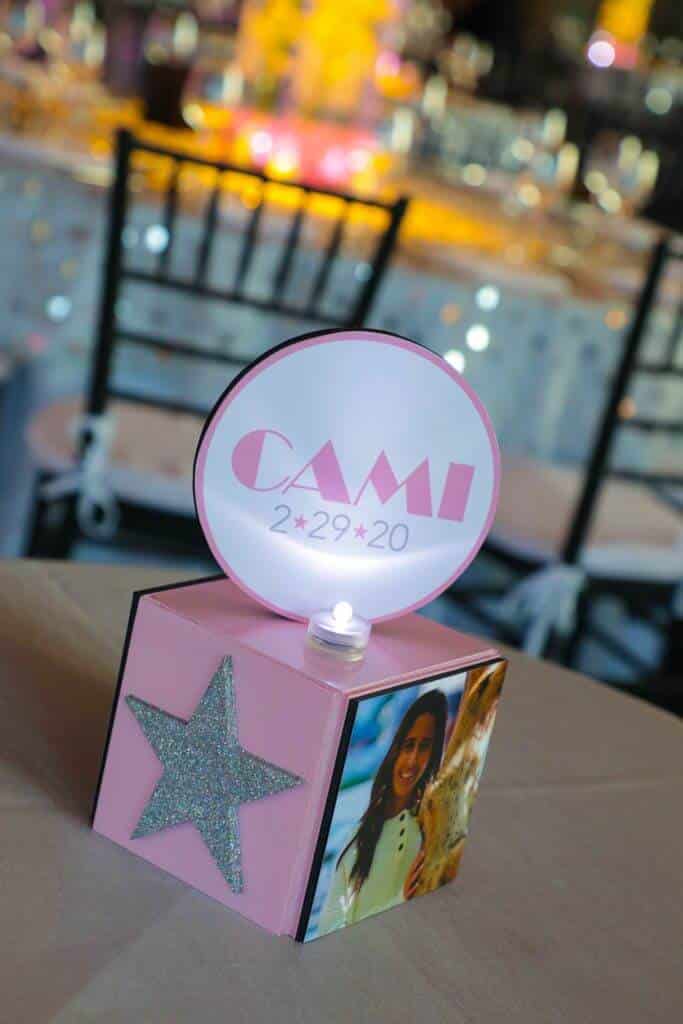 Hollywood Themed Mini Cube Centerpiece with Photos, Glittered Stars and Custom Logo