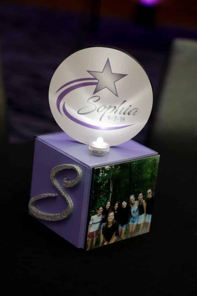 Mini Cube Centerpiece with Glitter Initial and Custom Logo for Galaxy Themed Bat Mitzvah