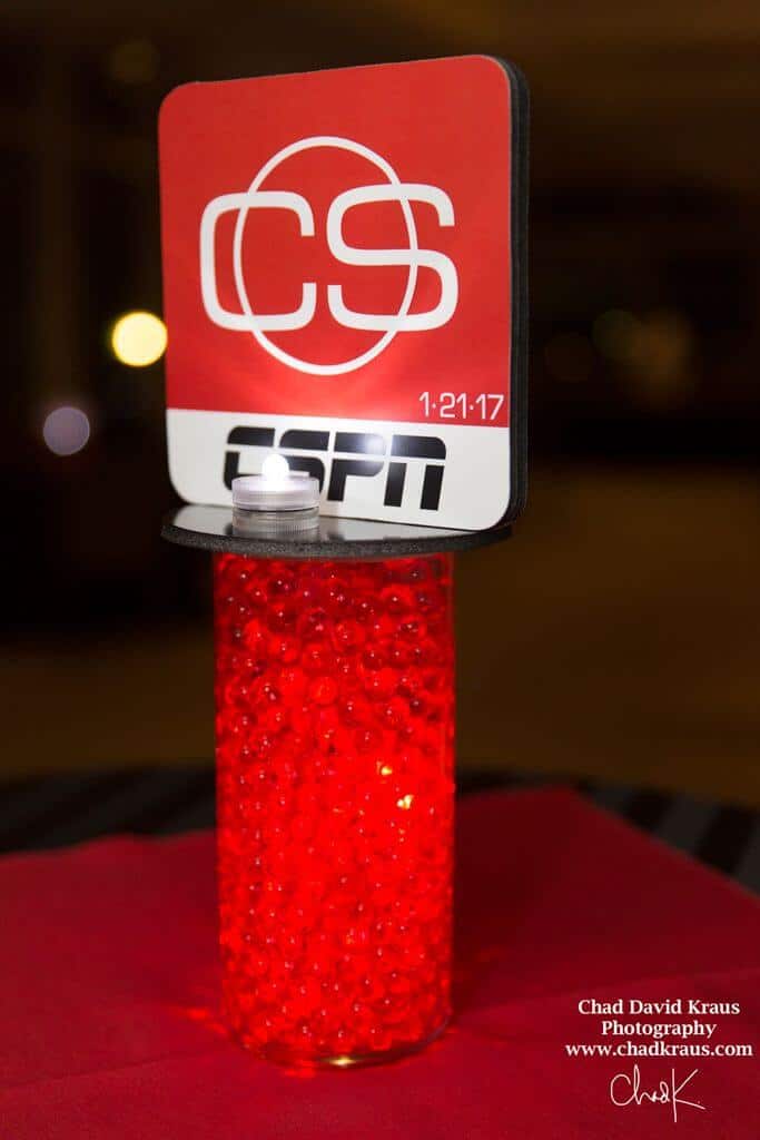 Sports Themed Lounge Centerpiece with LED Gems and Logo Topper