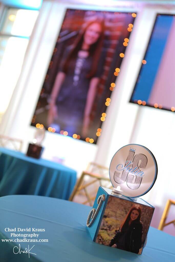 Mini Cube Centerpiece with Glittered Initial, Photos and Logo Topper