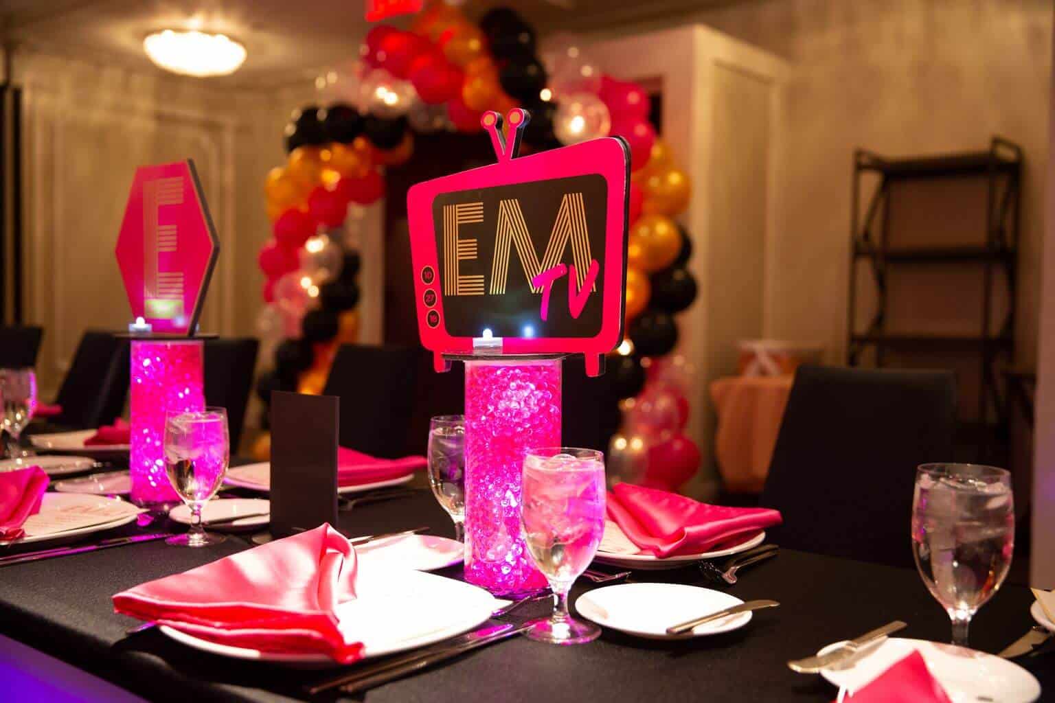 TV Themed Lounge Centerpiece with Logo Topper and LED Lights