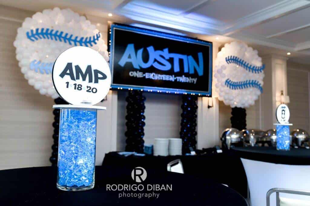 Bar Mitzvah Lounge Centerpiece with Custom Logo and Pale Blue Chips