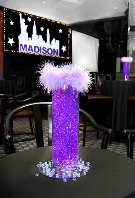 Purple Aqua Gems in Vase with Feather Trim Centerpiece