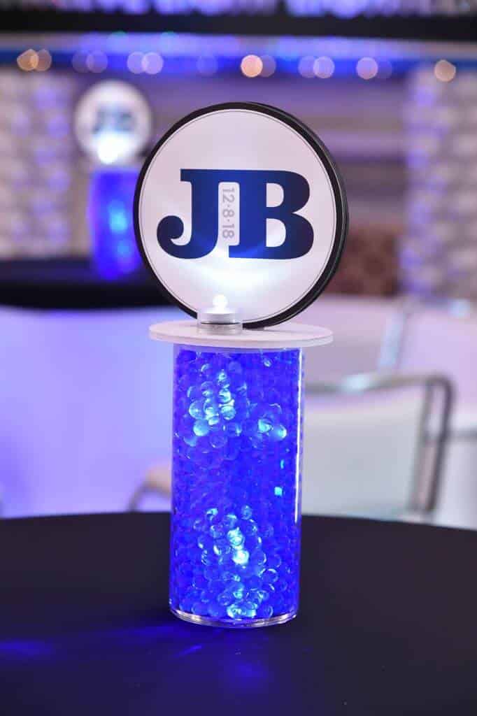 Bar Mitzvah Lounge Centerpiece with LED Cylinder and Logo Topper