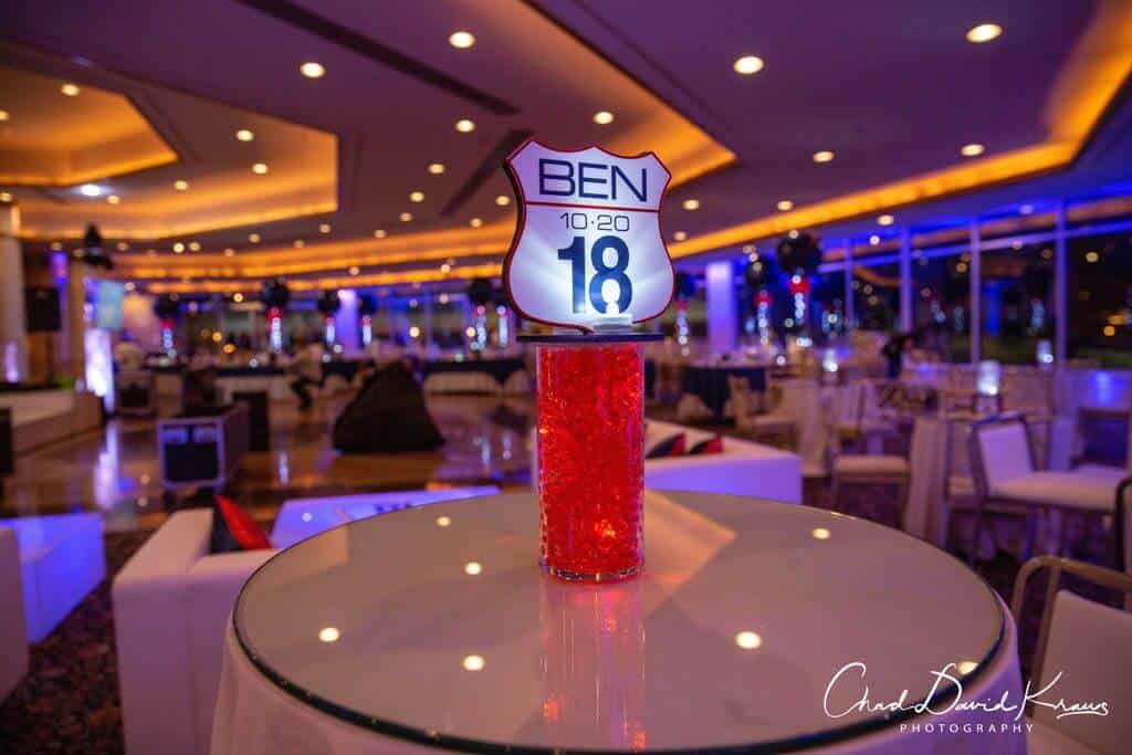 Road Trip Themed Lounge Centerpiece with Custom Logo Topper