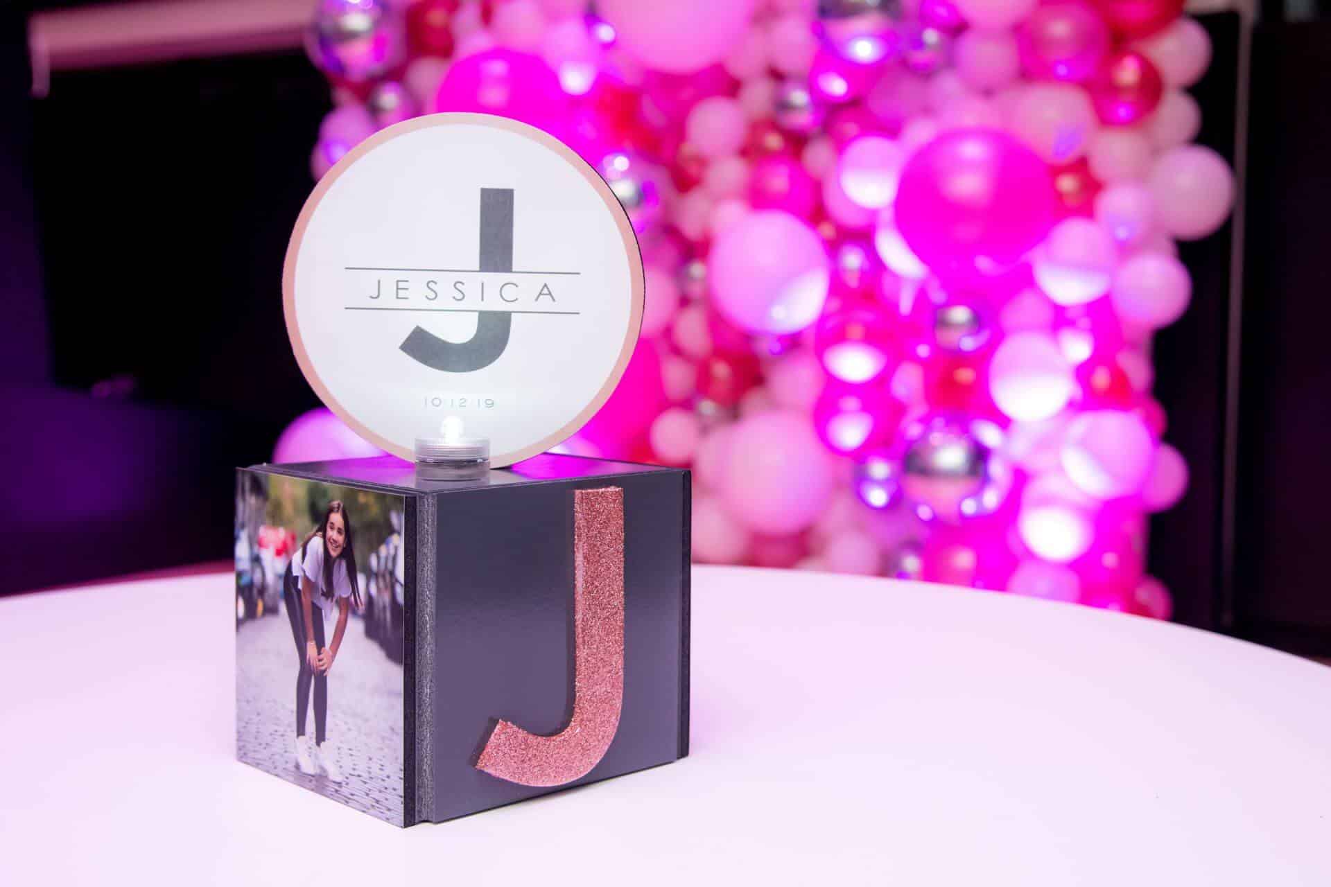 Mini Cube Centerpiece with Custom Logo and Glittered Initial for Hightop Table