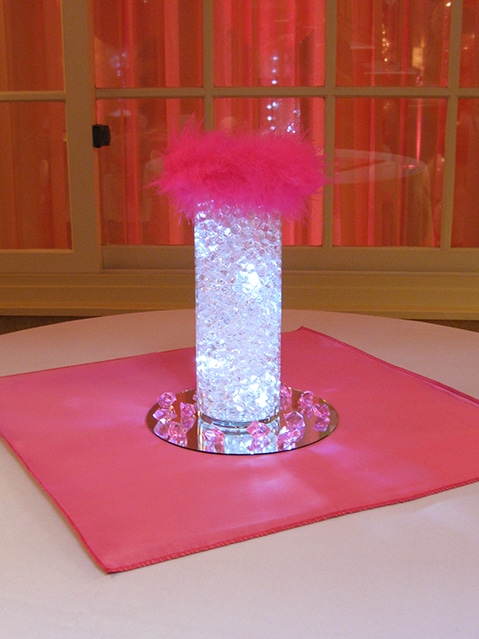 Clear Aqua Gems and LED Lights in Glass Vase with Pink Feather Trim