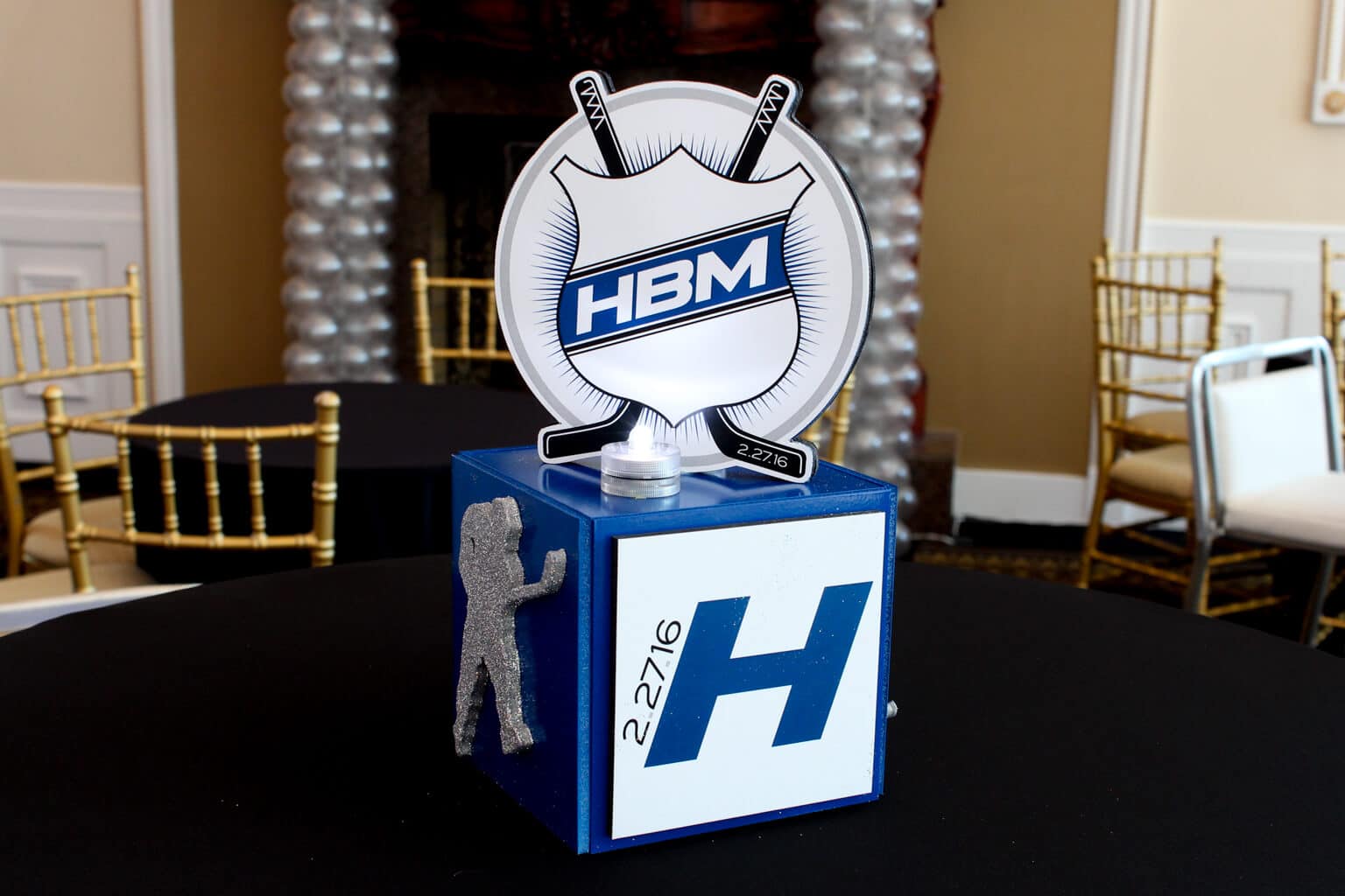 Mini Hockey Themed Cube with Logo Topper For Lounge Tables