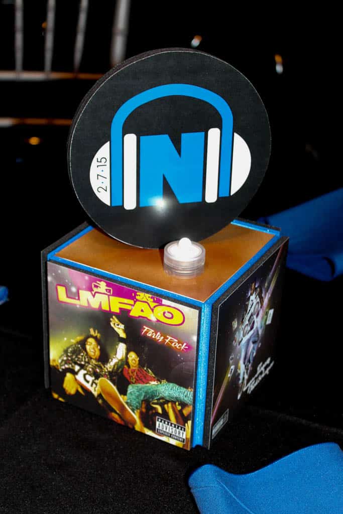 Music Themed Centerpiece with Album Covers and Custom Logo