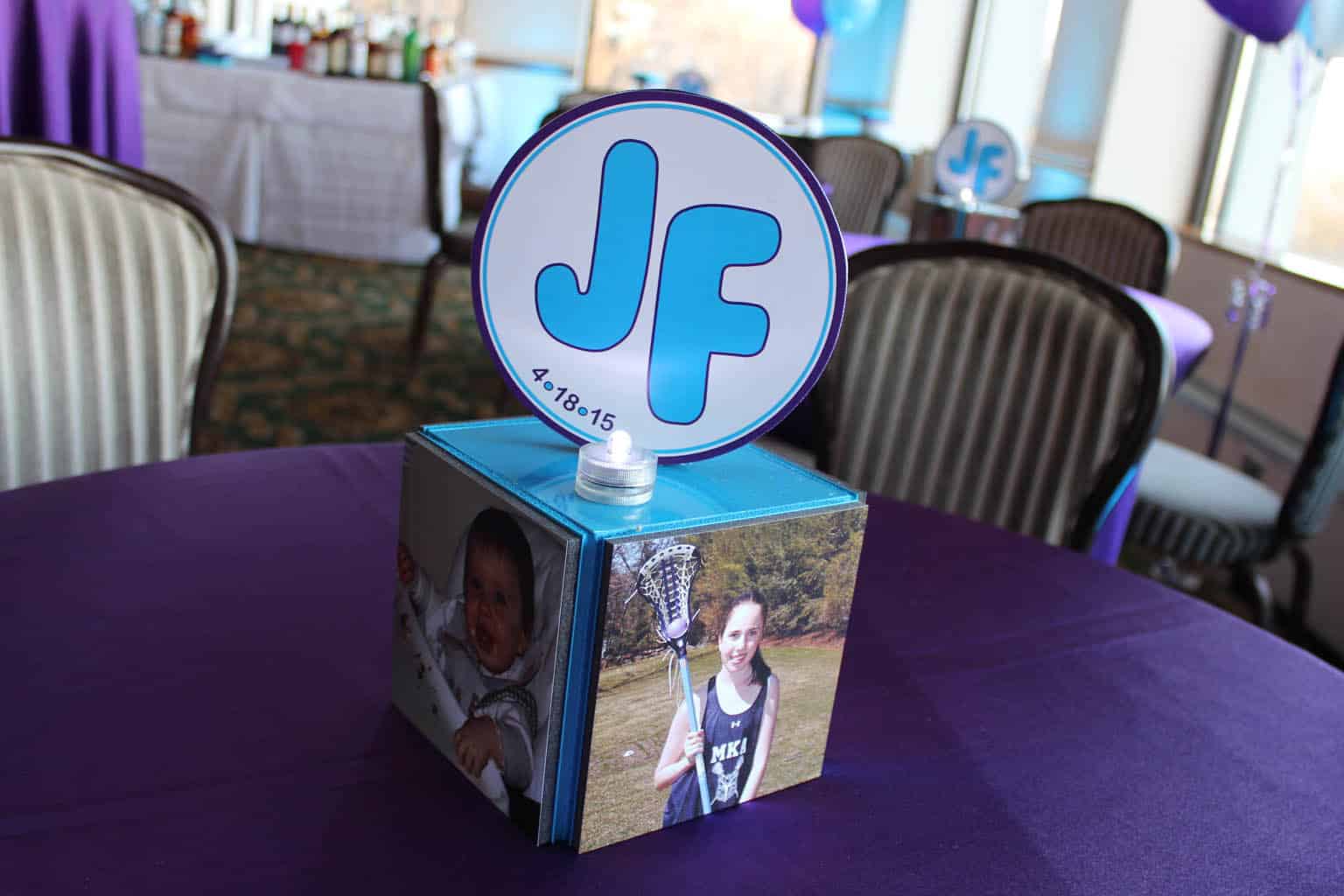 Mini Photo Cube Centerpiece with Logo Topper for Club Themed Bat Mitzvah
