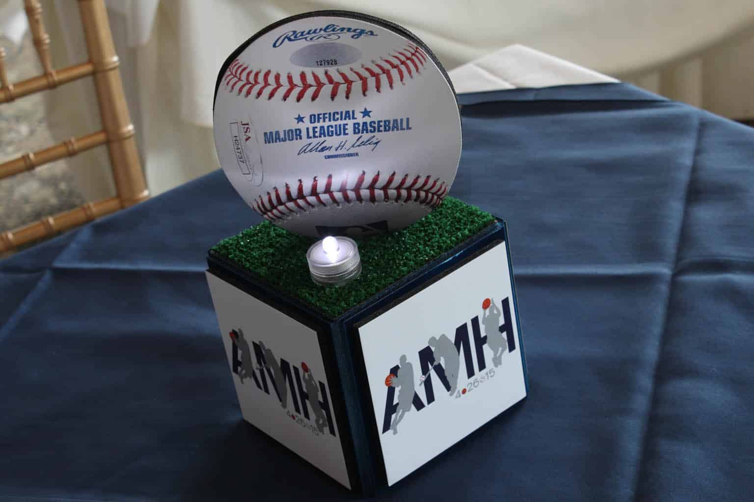 Mini Lounge Centerpiece with Custom Logo and Baseball Topper