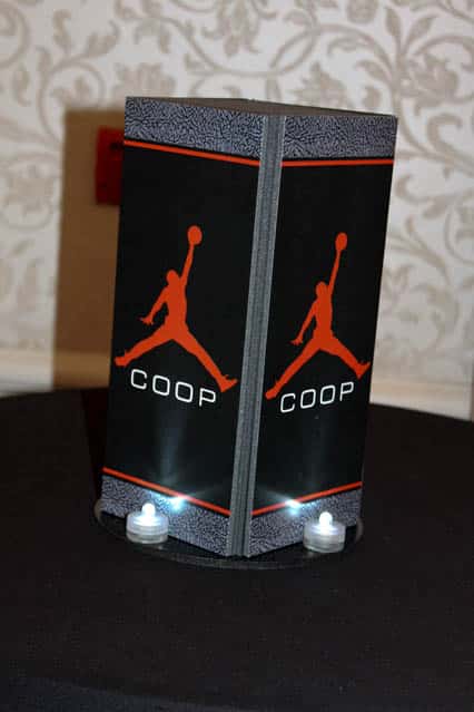 Tall Cube Centerpiece with Custom Logos and LED Lighting for Hightop Table