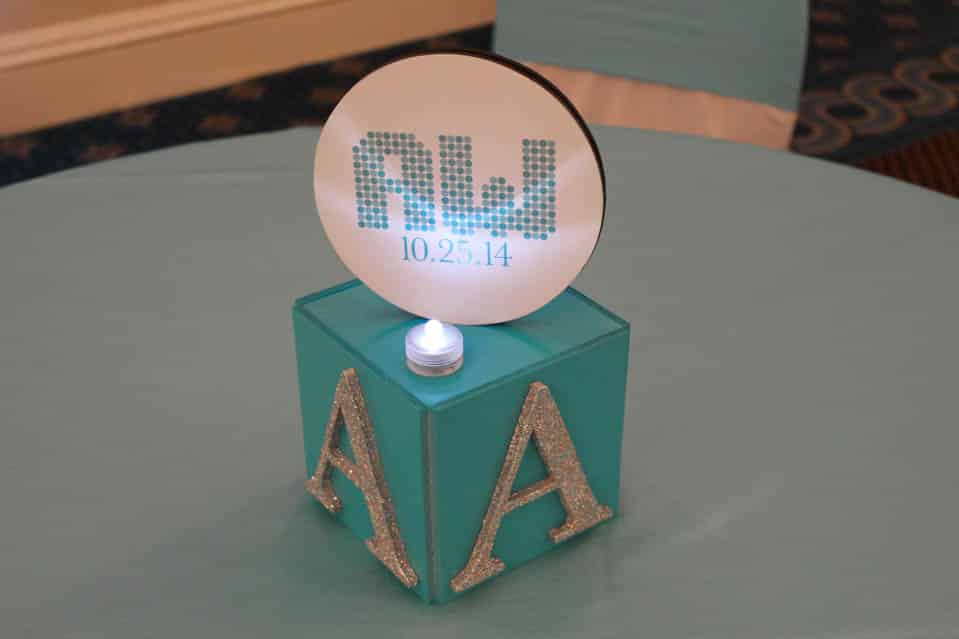 Mini Cube Centerpiece with Glittered Initials and Custom Logo