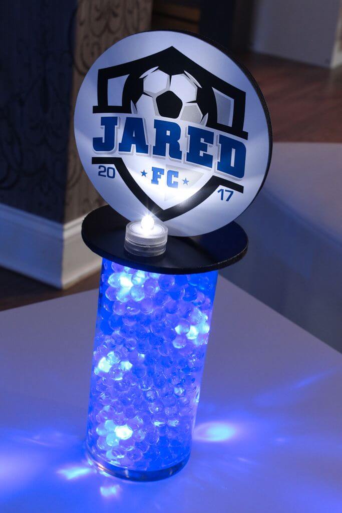 Soccer Themed Lounge Centerpiece with Aqua Gems and Logo Topper