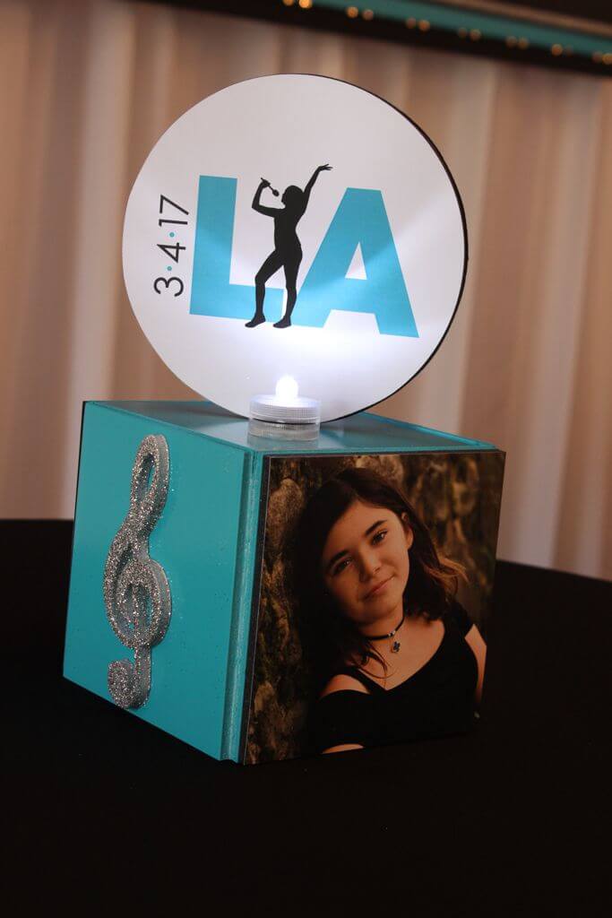 Music Themed Mini Cube Centerpiece with Glittered Notes, Photos and Custom Logo