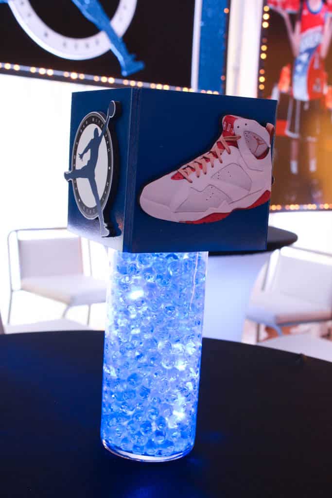 Sneaker Themed Mini Cube with Logo on Vase with Chips and LED Lights for Hightop Table
