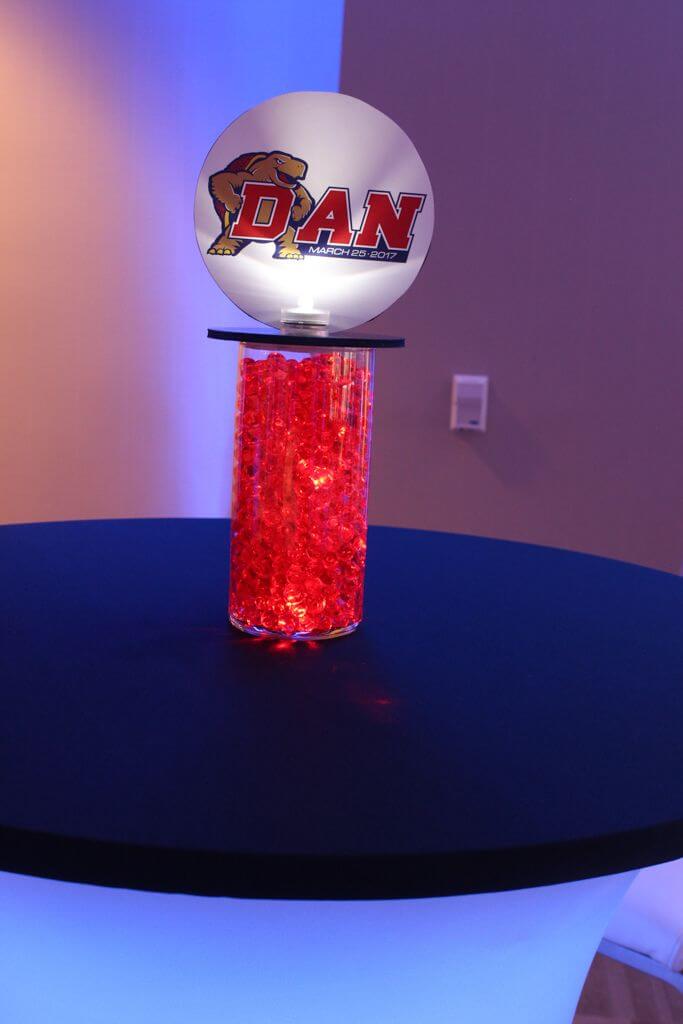 Maryland Themed Lounge Centerpiece with Aqua Gems and Custom Logo