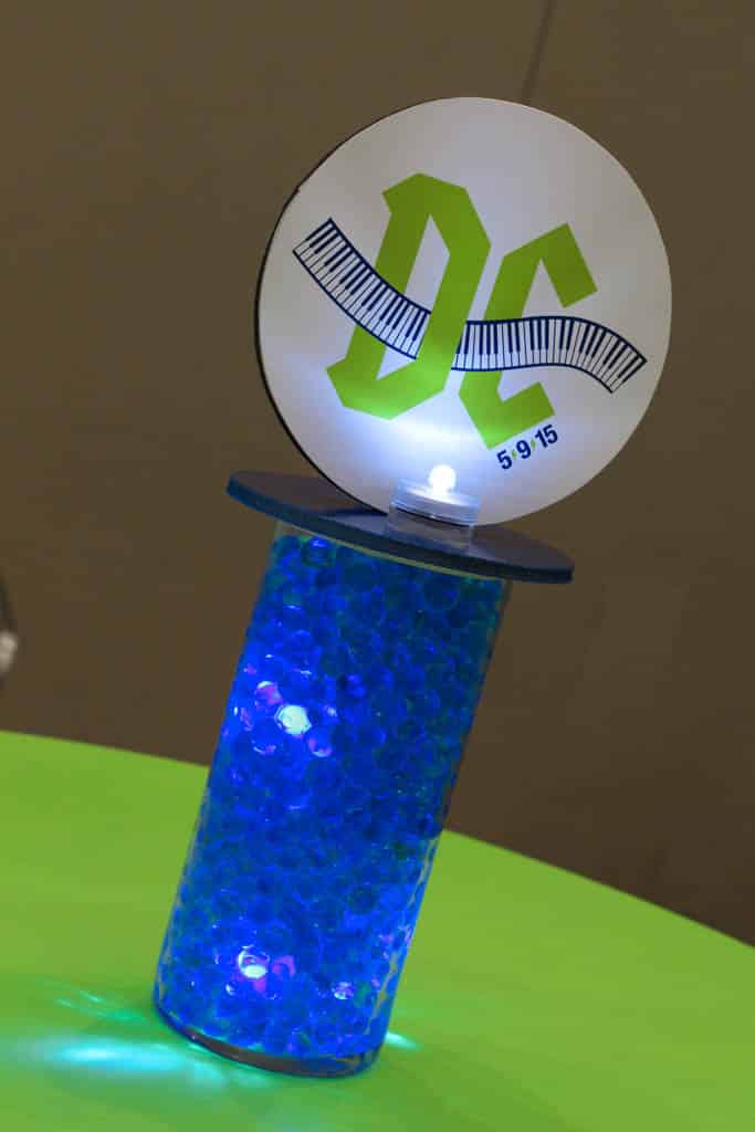 Custom Hightop Centerpiece with Aqua Gems, LED Lighting and Logo Topper