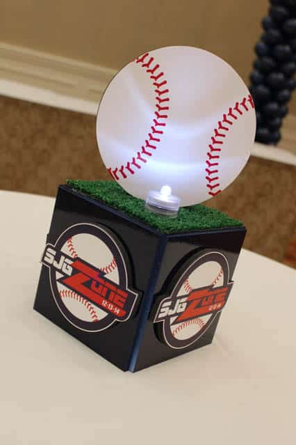 Mini Cube Centerpiece with Custom Logo and Baseball Topper for Hightop Table