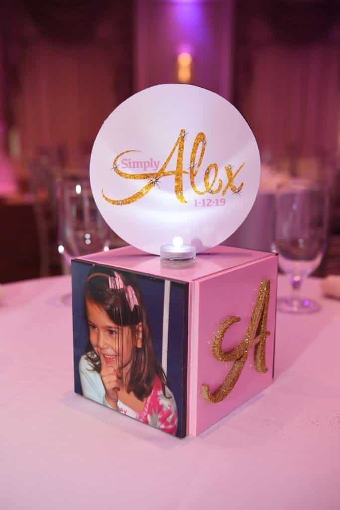 Bat Mitzvah Mini Cube Lounge Centerpiece with Glittered Initial, Logo and Photos