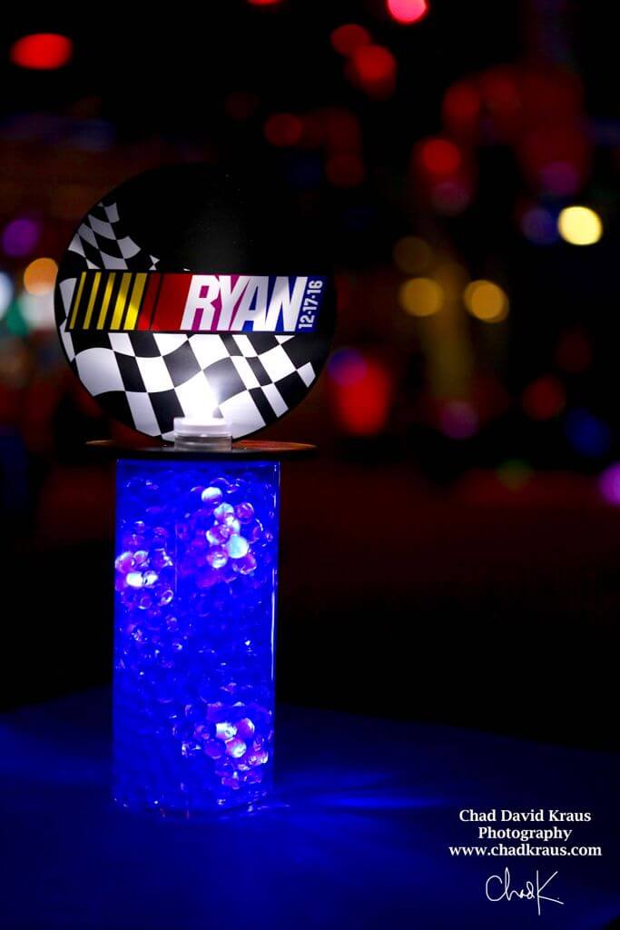 Nascar Themed Lounge Centerpiece with LED Gems and Logo Topper