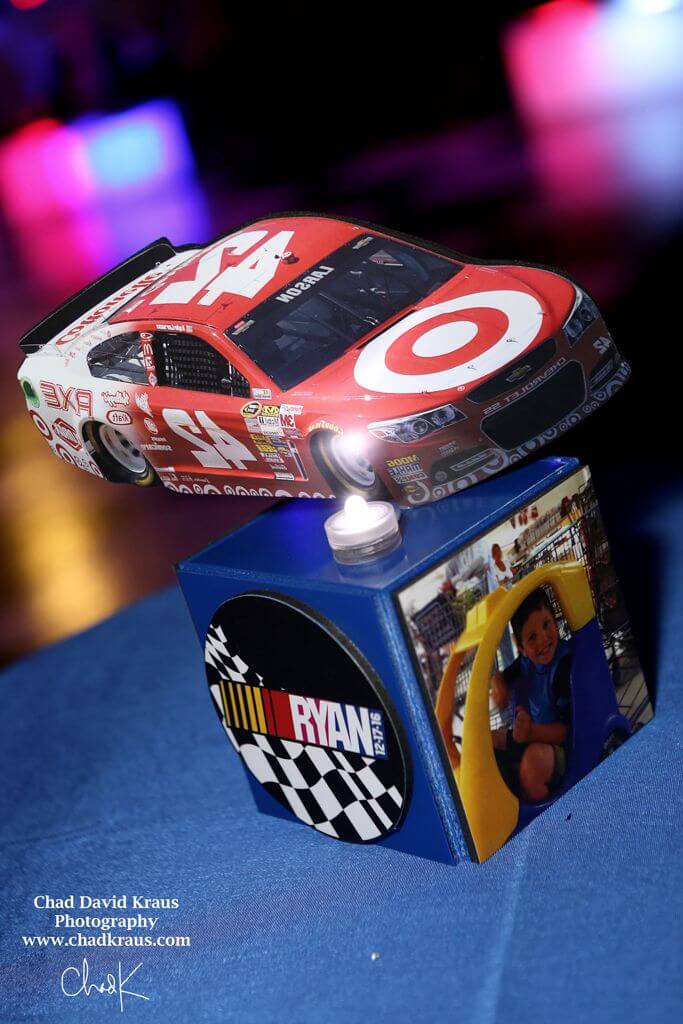 Nascar Themed Mini Cube Centerpiece with Custom Logo and Car Topper