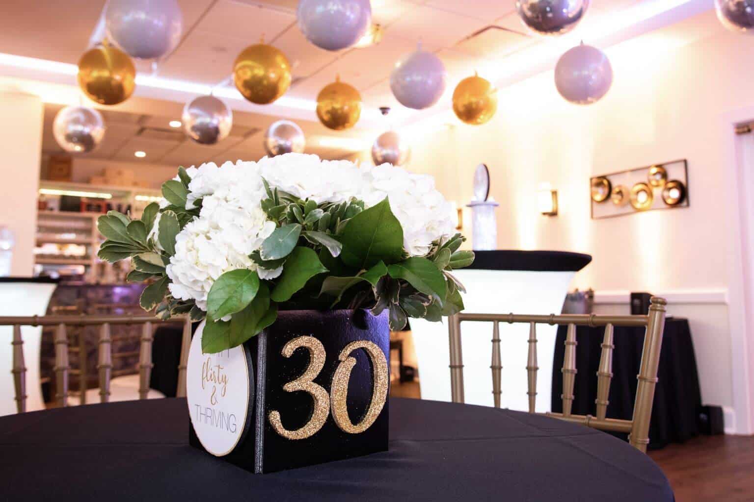 30th Birthday Lounge Centerpiece with Custom Cube and Flowers