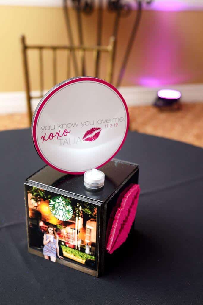 Gossip Girl Themed Bat Mitzvah Centerpiece with Custom Logo and Glittered Lips