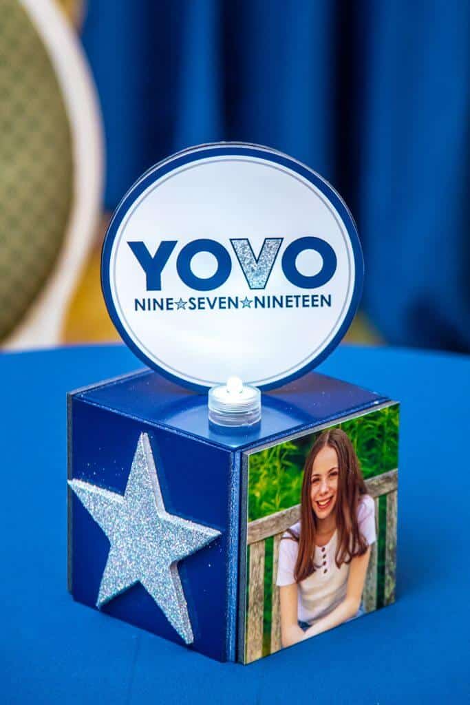 Mini Cube Centerpiece with Glittered Stars, Photos and Custom Logo
