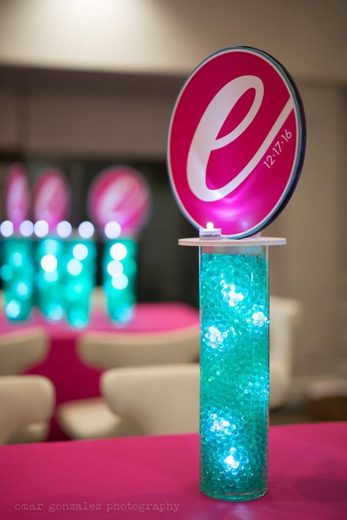 Bat Mitzvah Lounge Centerpiece with LED Aqua Gems and Logo Topper