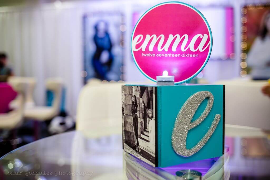 Mini Cube Centerpiece with Glittered Initial, Photos and Logo Topper