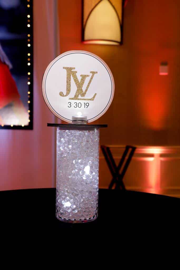Fashion Themed Bat Mitzvah Lounge Centerpiece with LED Vase and Logo Topper
