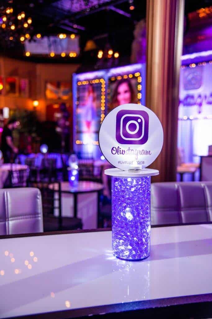 Instagram Themed Bat Mitzvah Lounge Centerpiece with LED Vase and Logo Topper