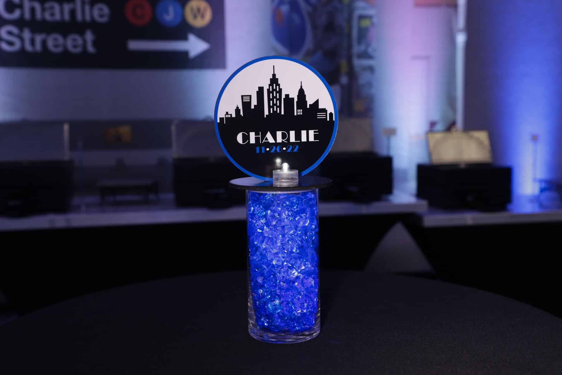 Mini LED Logo Centerpiece for NYC Themed Bar Mitzvah Lounge