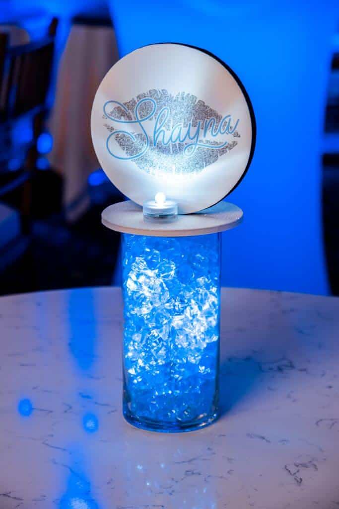 Bat Mitzvah Lounge Centerpiece with LED Vase and Lips Logo Topper