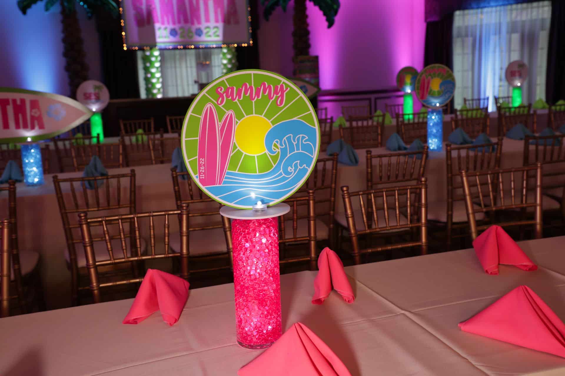 LED Mini Centerpiece with Custom Beach Logo for Tropical Themed Bat Mitzvah